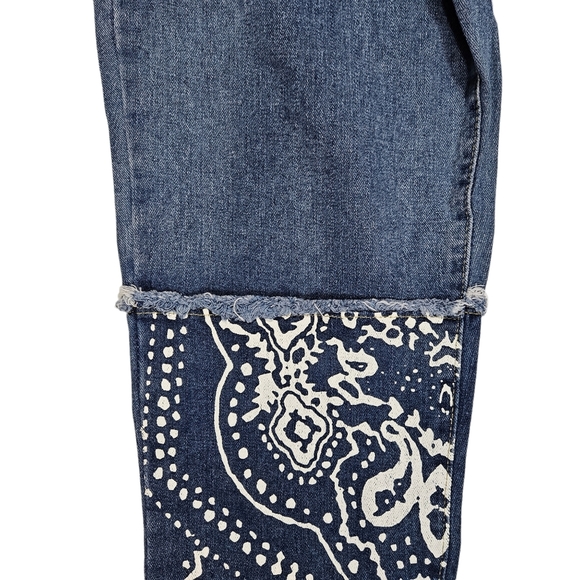 Paisley Print Patchwork Jeans Size Large Raw Hem Colorblock Denim Straight Leg - Picture 8 of 16